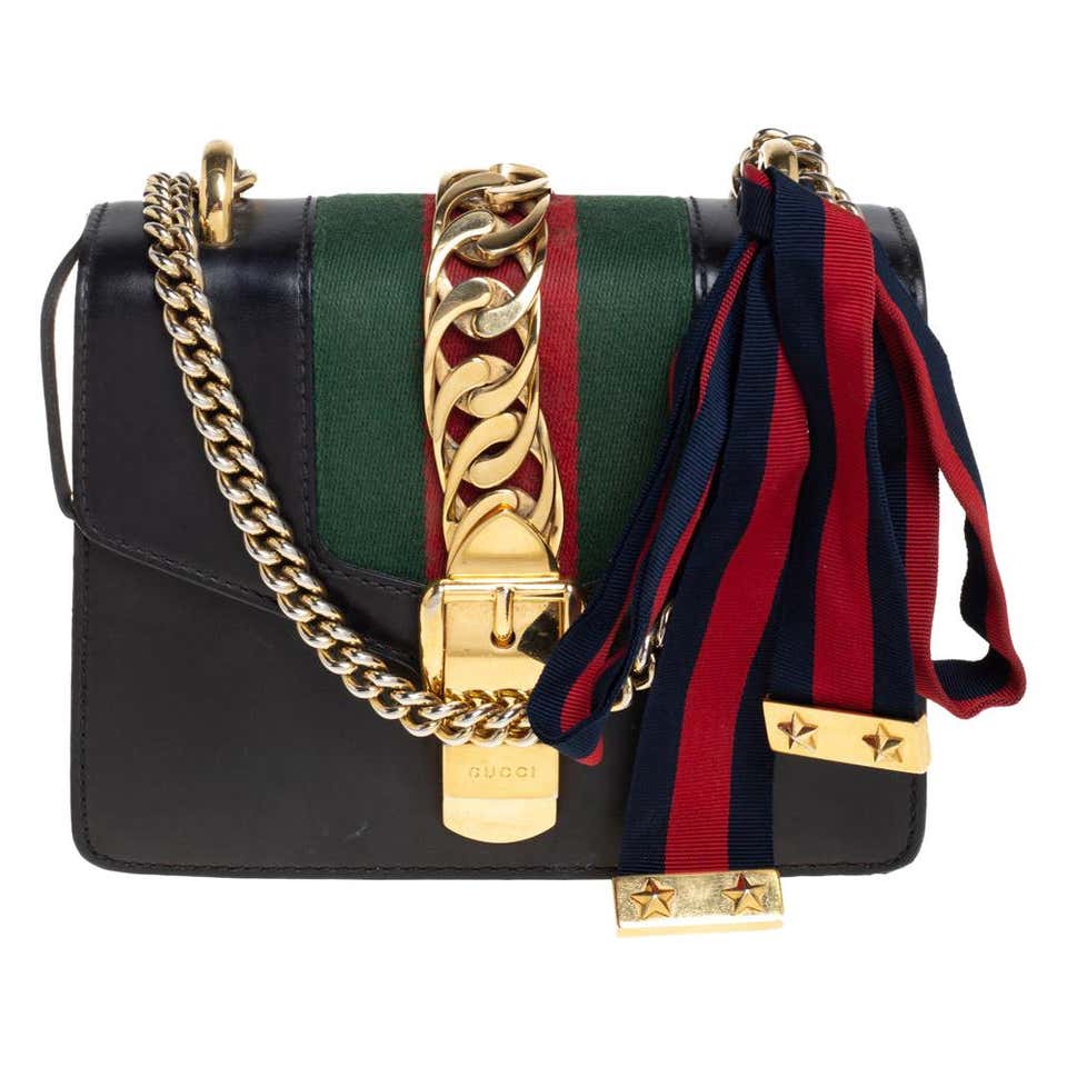 Gucci Black Leather Mini Web Chain Sylvie Crossbody Bag at 1stDibs