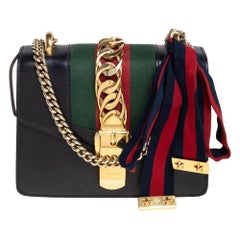 Gucci Black Leather Mini Web Chain Sylvie Crossbody Bag