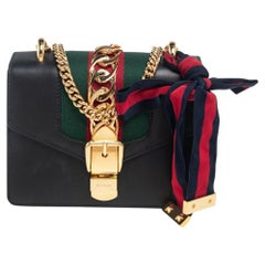 Used Gucci Black Leather Mini Web Chain Sylvie Crossbody Bag
