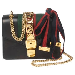 Used Gucci Black Leather Mini Web Chain Sylvie Crossbody Bag