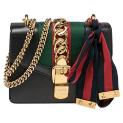 Used Gucci Black Leather Mini Web Chain Sylvie Crossbody Bag