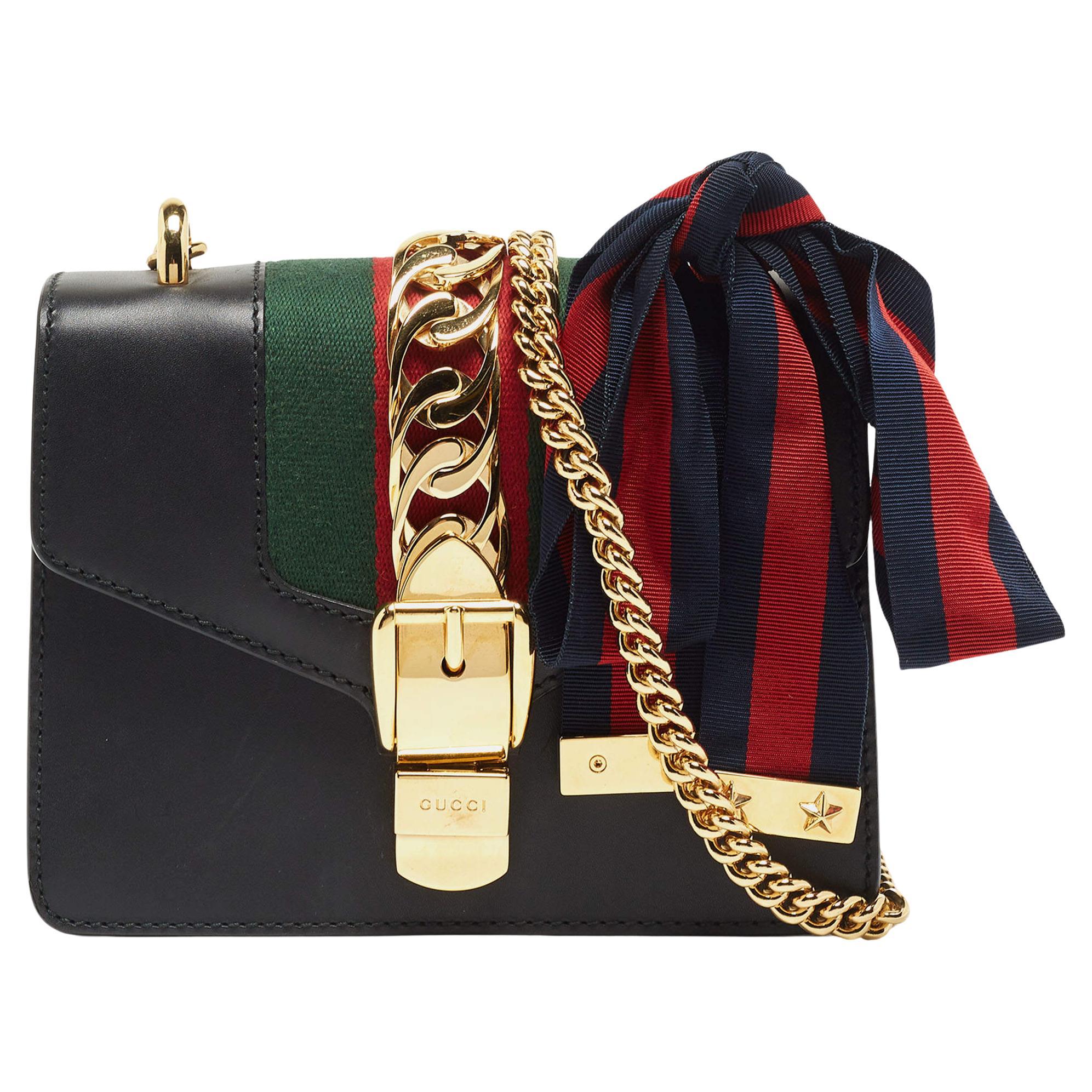 Gucci Black Leather Mini Web Chain Sylvie Crossbody Bag