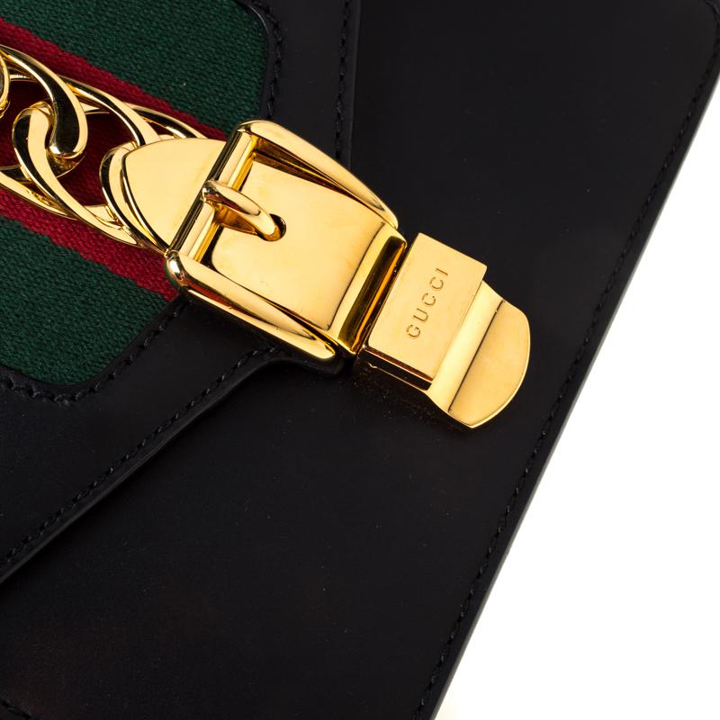 Women's Gucci Black Leather Mini Web Chain Sylvie Shoulder Bag