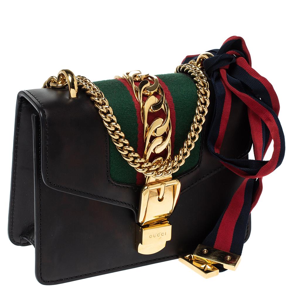 Women's Gucci Black Leather Mini Web Chain Sylvie Shoulder Bag