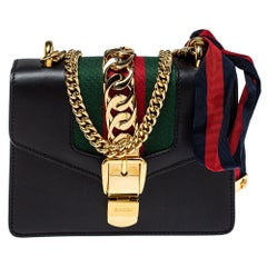 Gucci Black Leather Mini Web Chain Sylvie Shoulder Bag