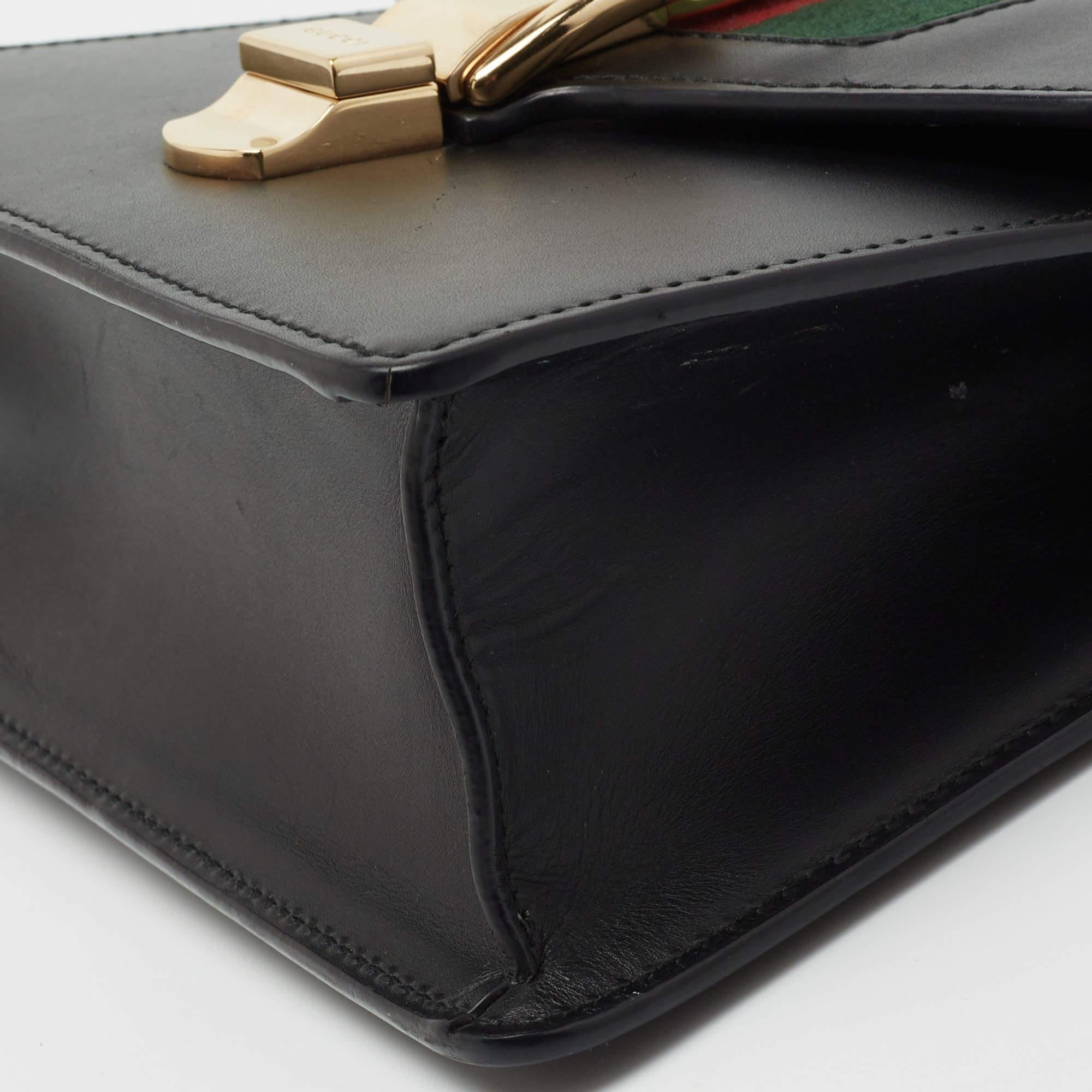 Gucci Black Leather Mini Web Chain Sylvie Top Handle Bag For Sale 3