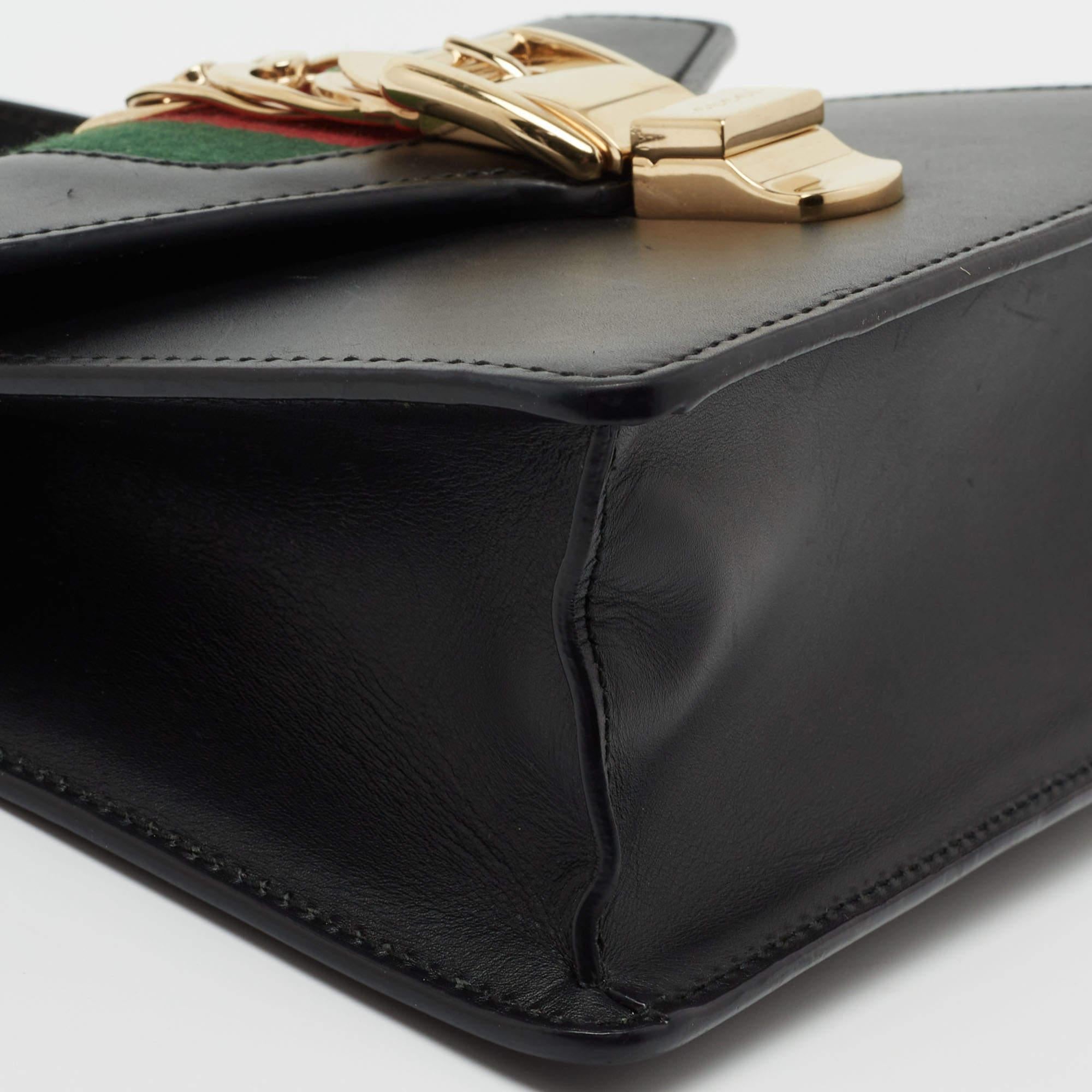 Gucci Black Leather Mini Web Chain Sylvie Top Handle Bag For Sale 4
