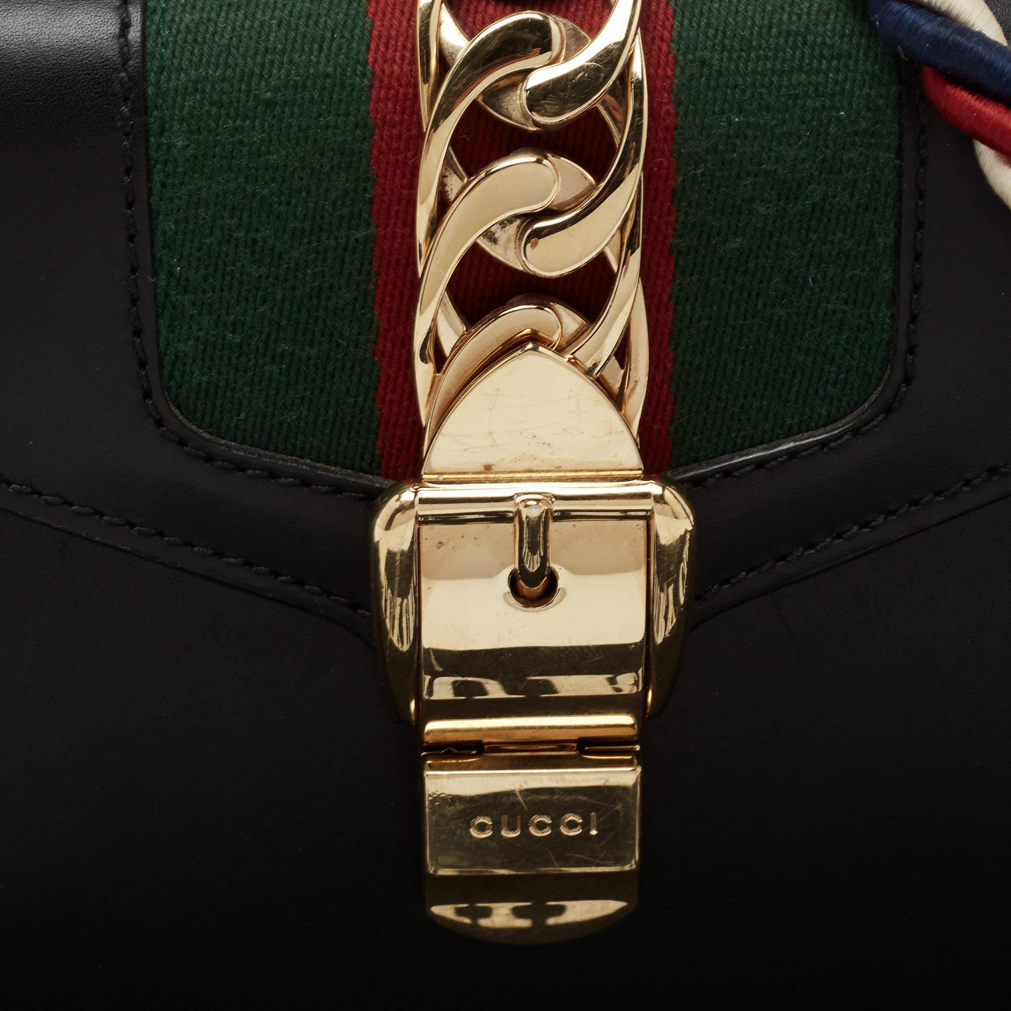 Gucci Black Leather Mini Web Chain Sylvie Top Handle Bag For Sale 5
