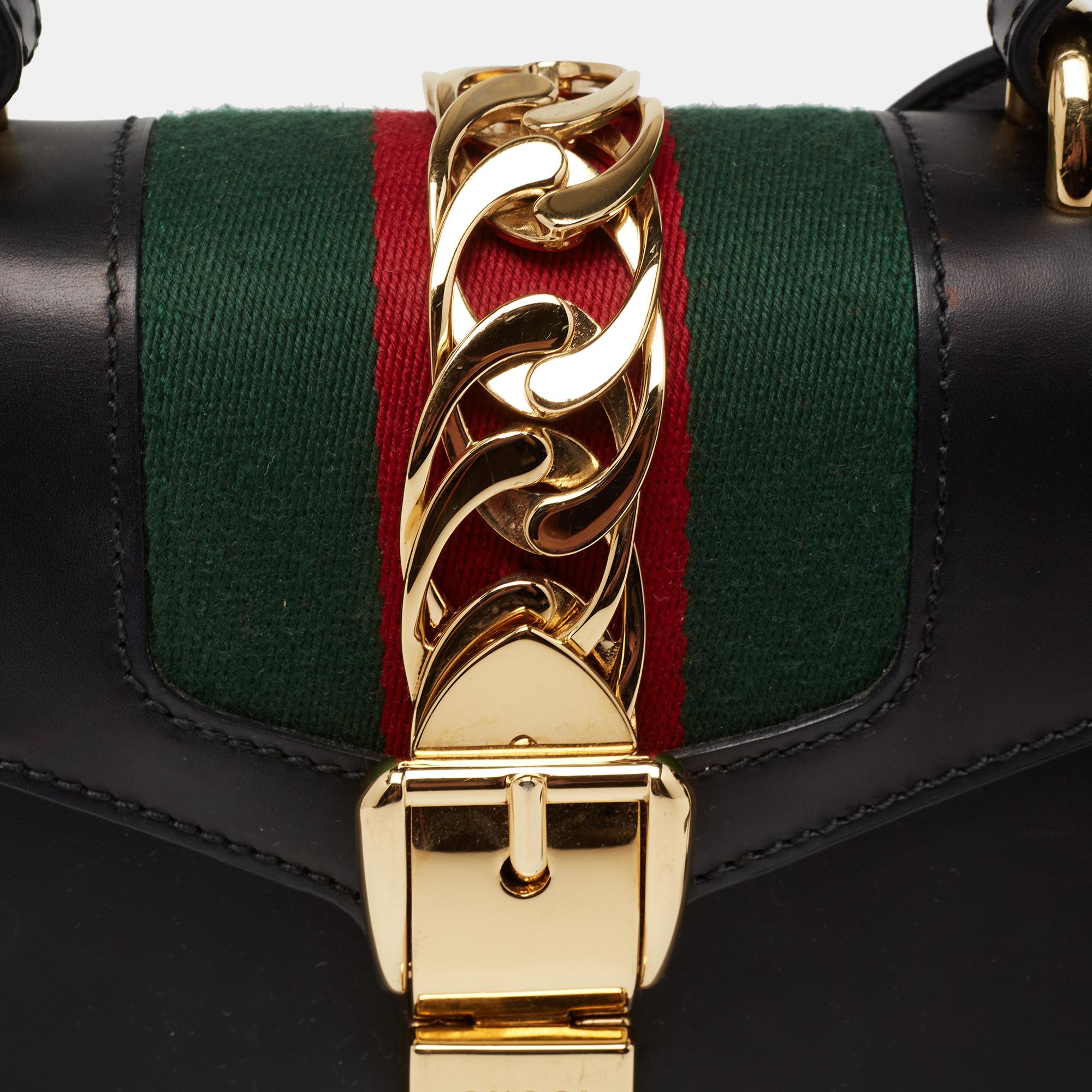 Gucci Black Leather Mini Web Chain Sylvie Top Handle Bag 9
