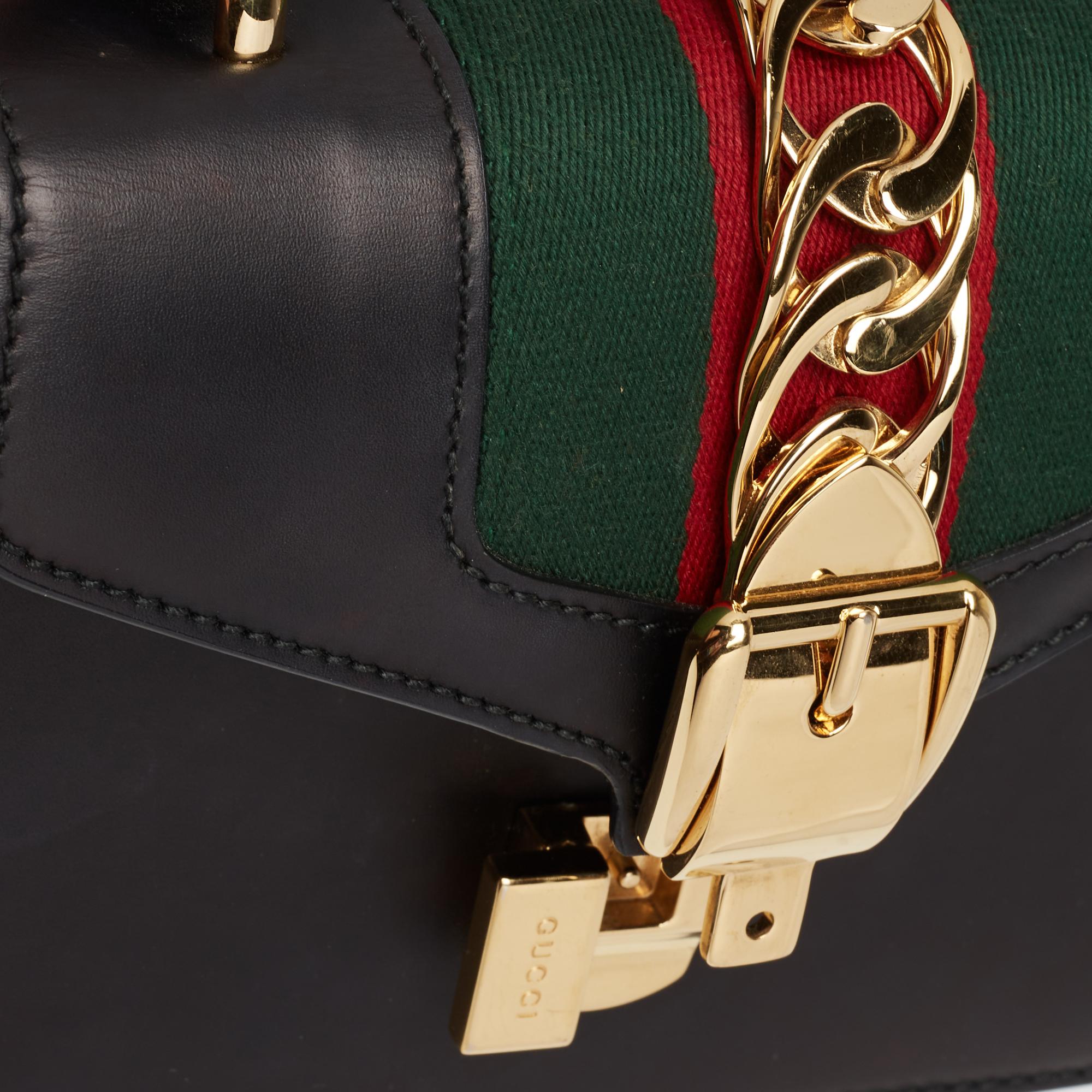Gucci Black Leather Mini Web Chain Sylvie Top Handle Bag 10
