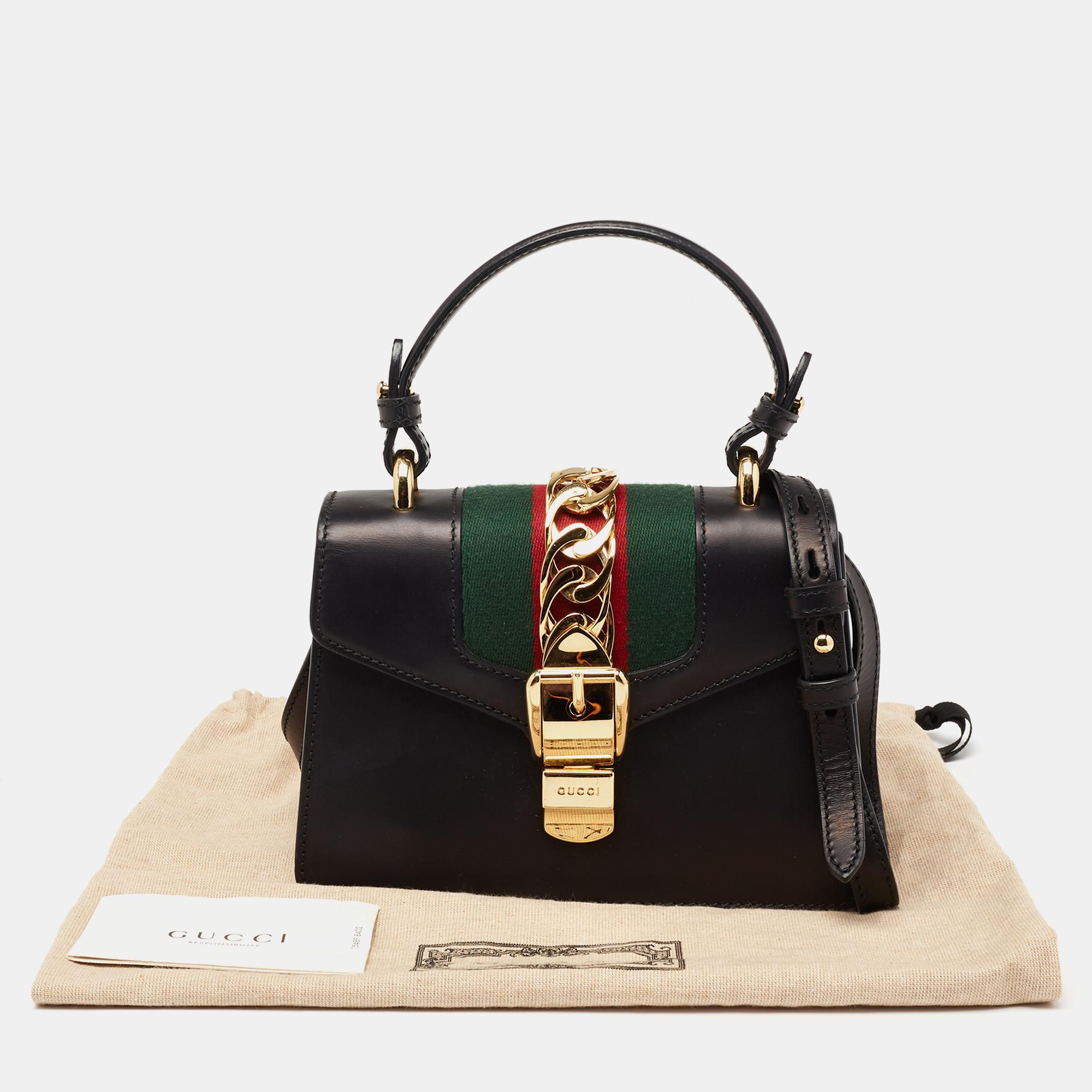 Gucci Black Leather Mini Web Chain Sylvie Top Handle Bag 11