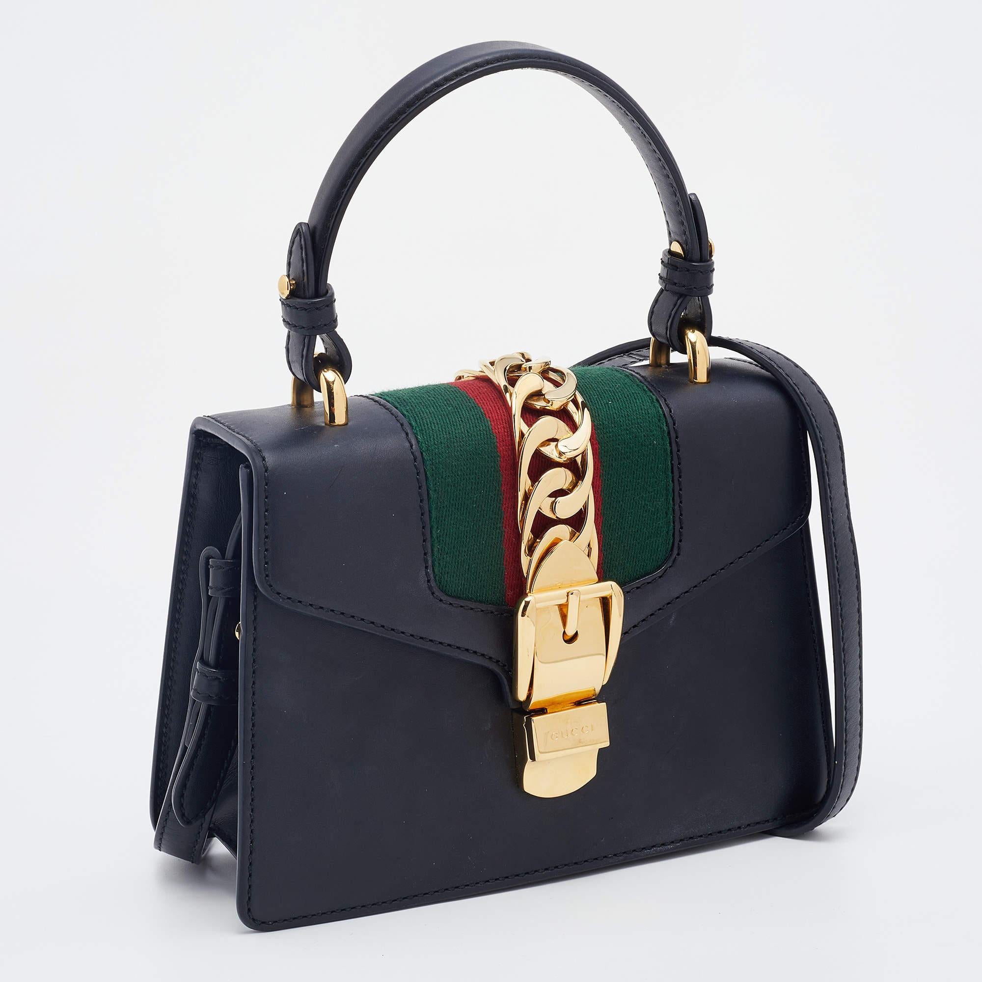 Gucci Black Leather Mini Web Chain Sylvie Top Handle Bag 1