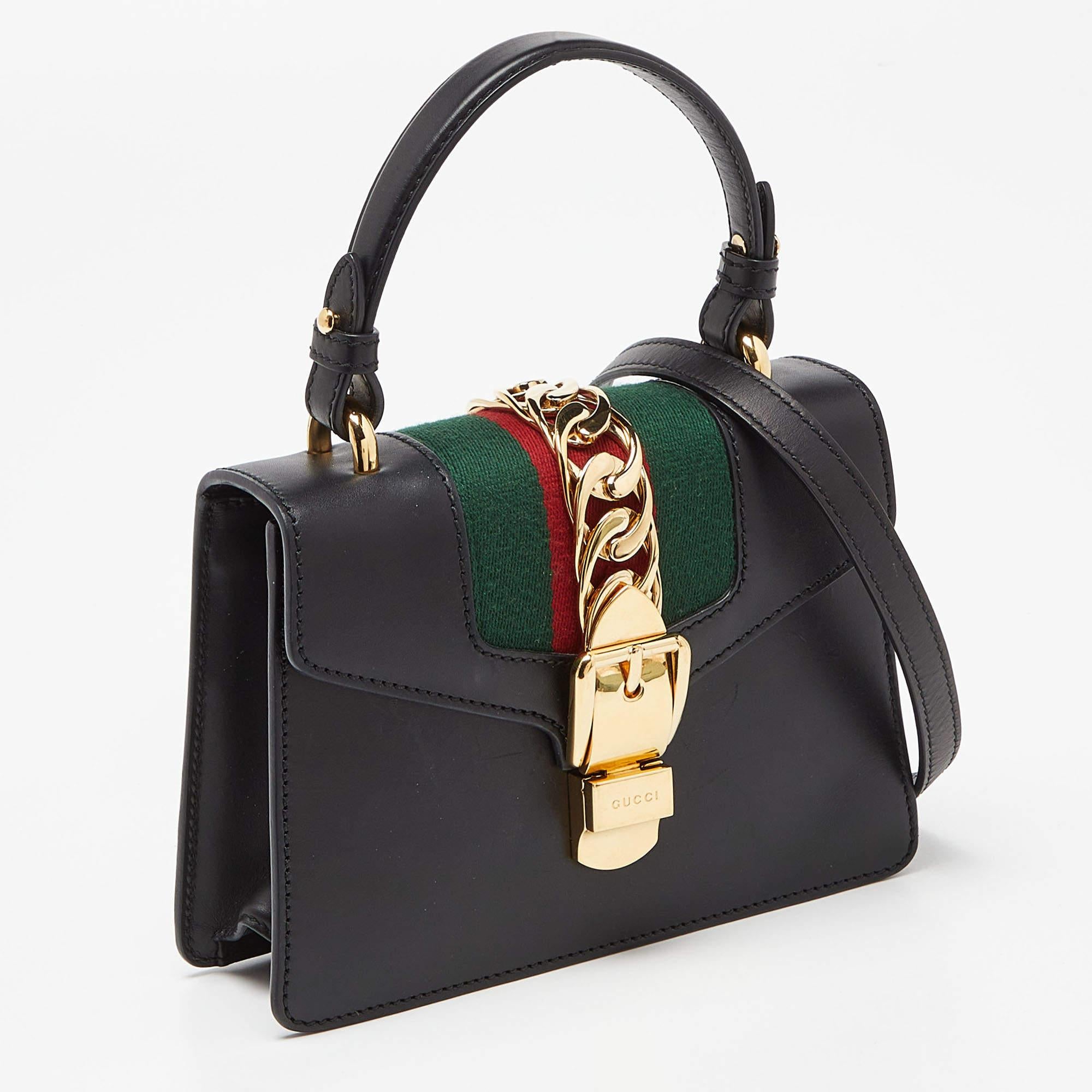 Gucci Black Leather Mini Web Chain Sylvie Top Handle Bag 5