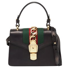 Used Gucci Black Leather Mini Web Chain Sylvie Top Handle Bag