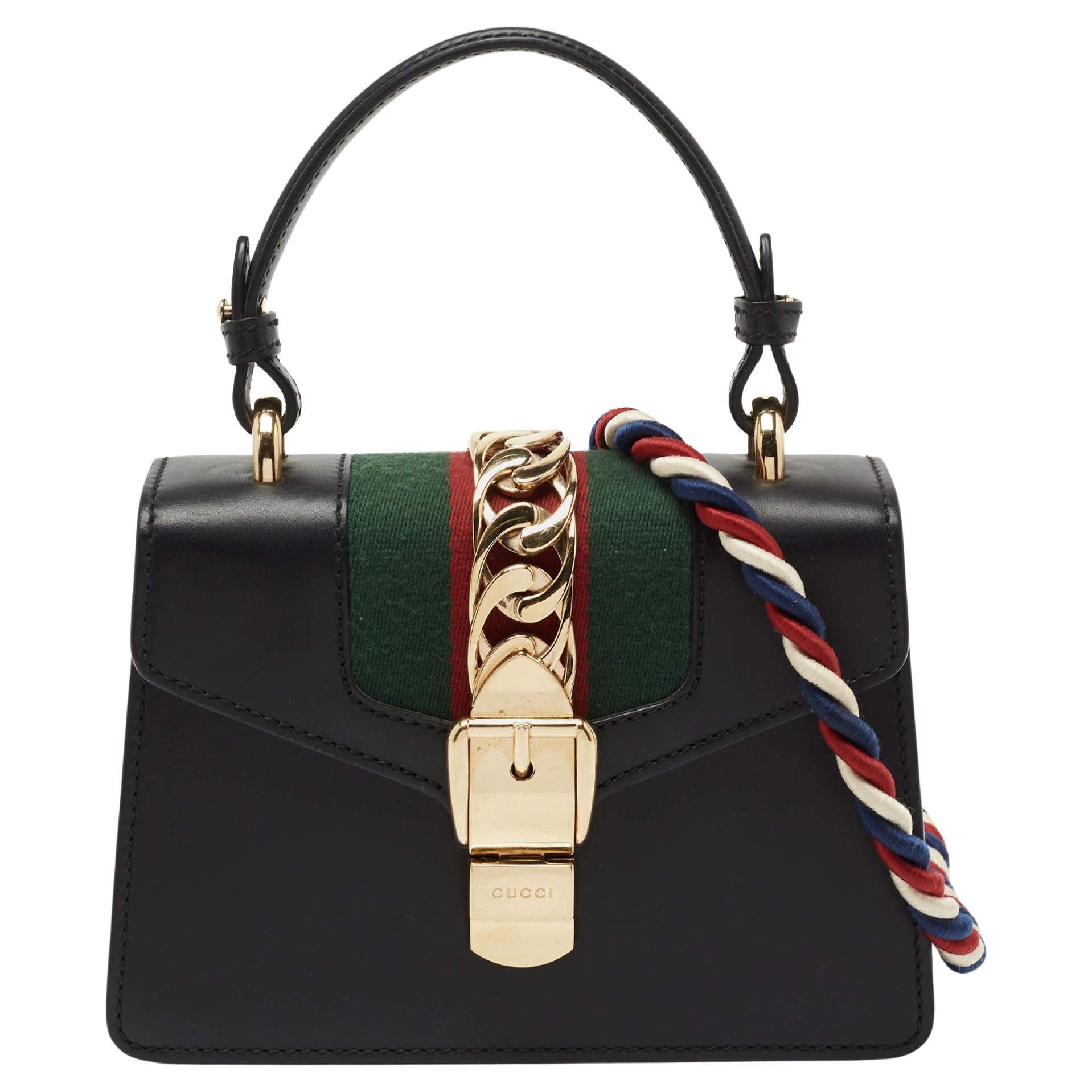 Gucci Black Leather Mini Web Chain Sylvie Top Handle Bag For Sale
