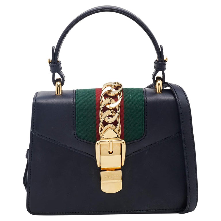 Gucci Black Leather Mini  Chain Sylvie Top Handle Bag For Sale at