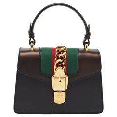 Gucci Black Leather Mini Web Chain Sylvie Top Handle Bag