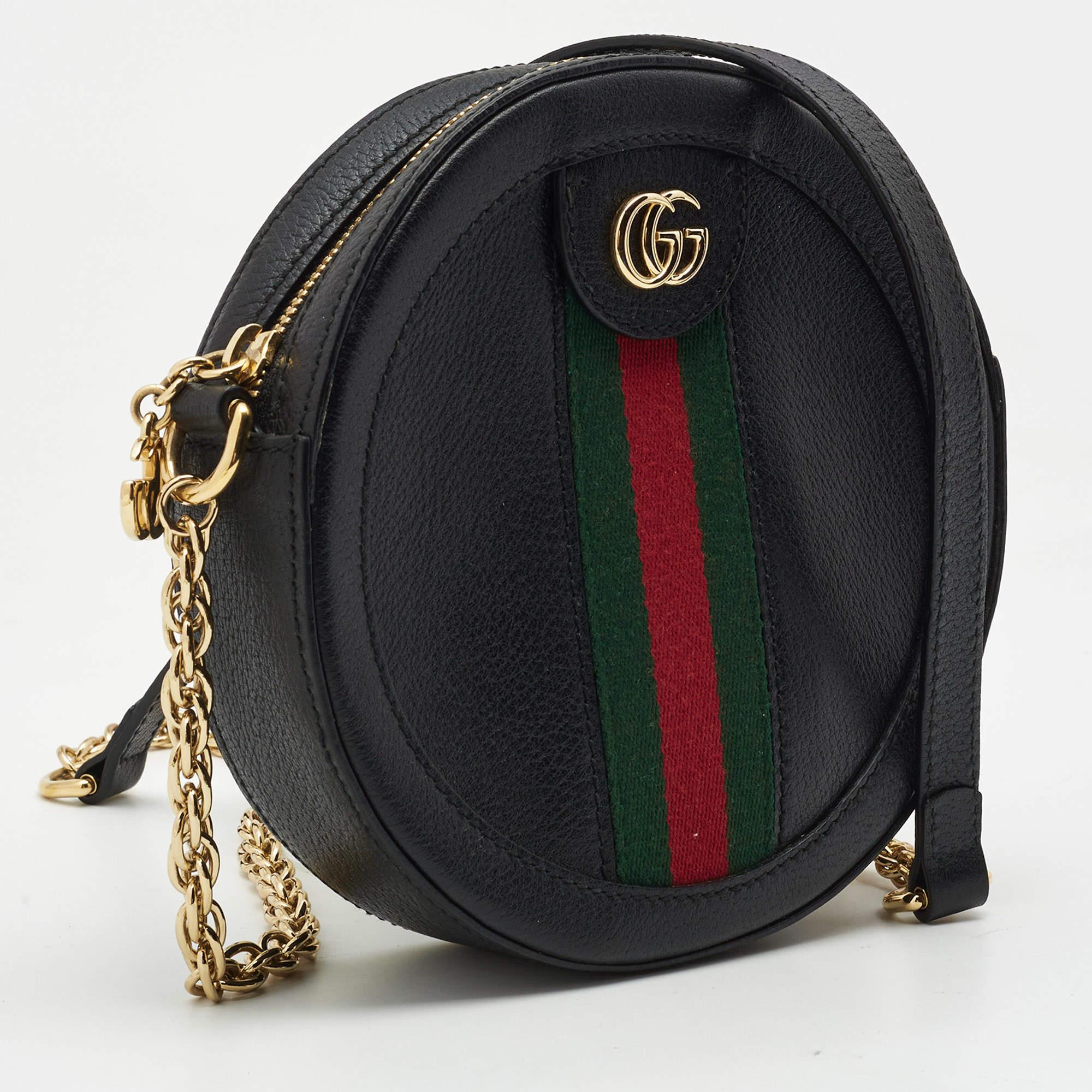 Women's Gucci Black Leather Mini Web Ophidia GG Round Shoulder Bag