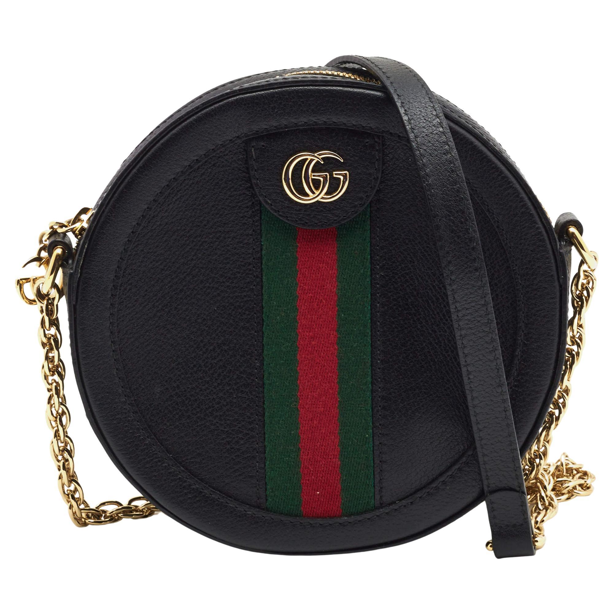 Gucci Black Leather Mini Web Ophidia GG Round Shoulder Bag