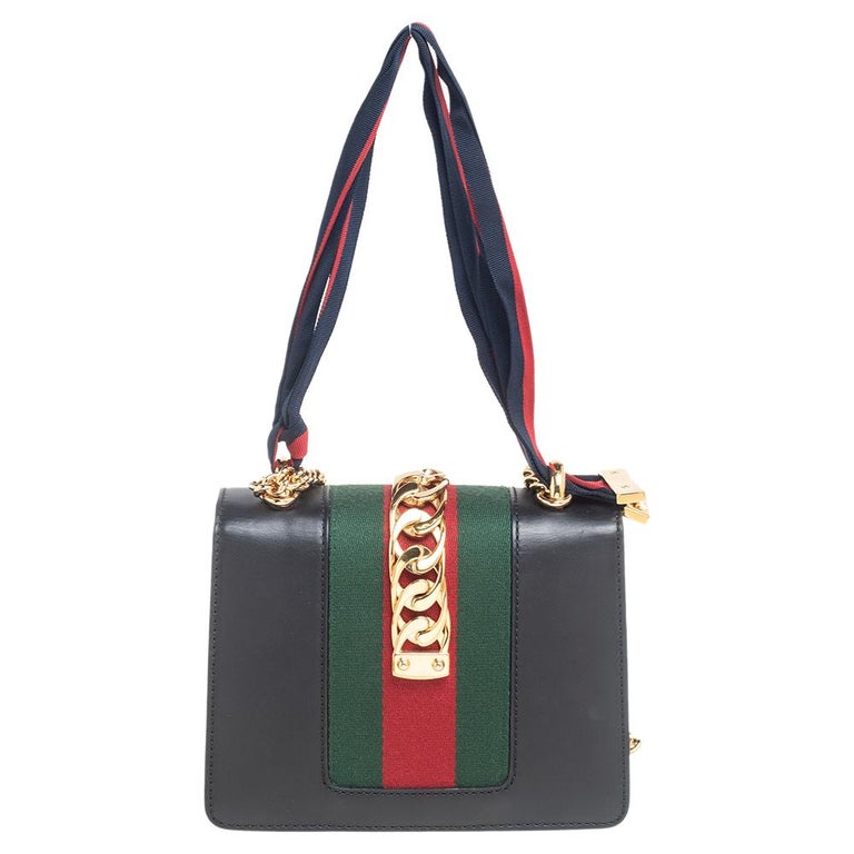 Gucci Black Leather Mini Web Sylvie Chain Crossbody Bag For Sale at 1stDibs