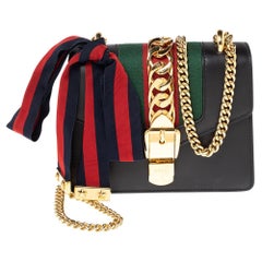 Used Gucci Black Leather Mini Web Sylvie Chain Crossbody Bag