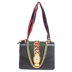 Gucci Black Leather Mini Web Sylvie Chain Crossbody Bag