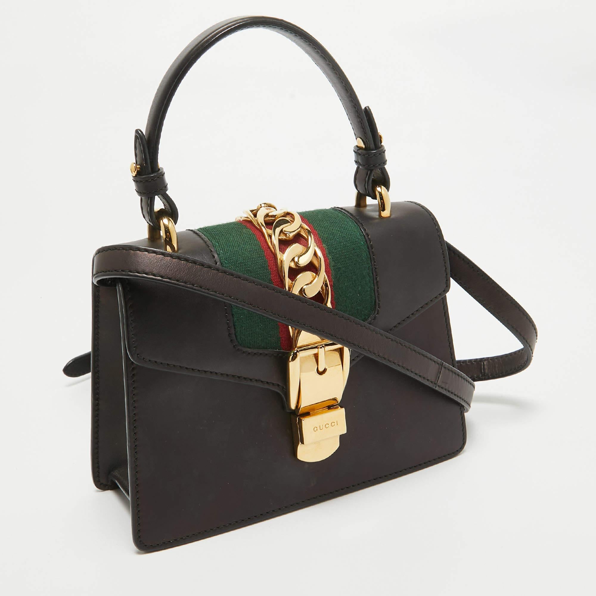 Gucci Black Leather Mini Web Sylvie Top Handle Bag In Good Condition In Dubai, Al Qouz 2