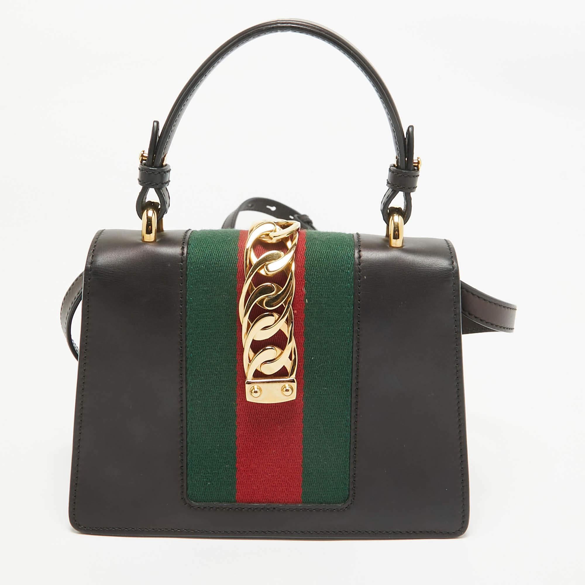 Women's Gucci Black Leather Mini Web Sylvie Top Handle Bag