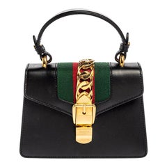 Gucci Black Leather Mini Web Sylvie Top Handle Bag