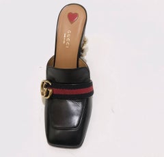 Gucci Black Leather Mocassin Shoes with Mother of Pearl Heel 2017