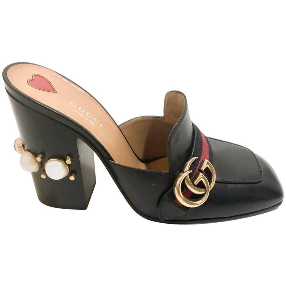 Gucci Black Leather Mocassin Shoes with Mother of Pearl Heel 2017