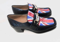 Gucci Black Leather Moccasin Shoes with England Flag 2017
