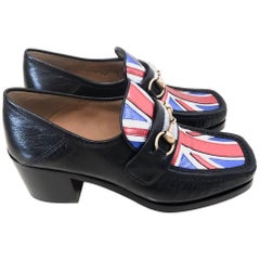 Gucci Black Leather Moccasin Shoes with England Flag 2017