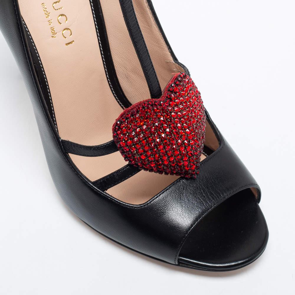 Gucci Black Leather Molina Crystal Heart T-Strap Pumps Size 37 For Sale 1
