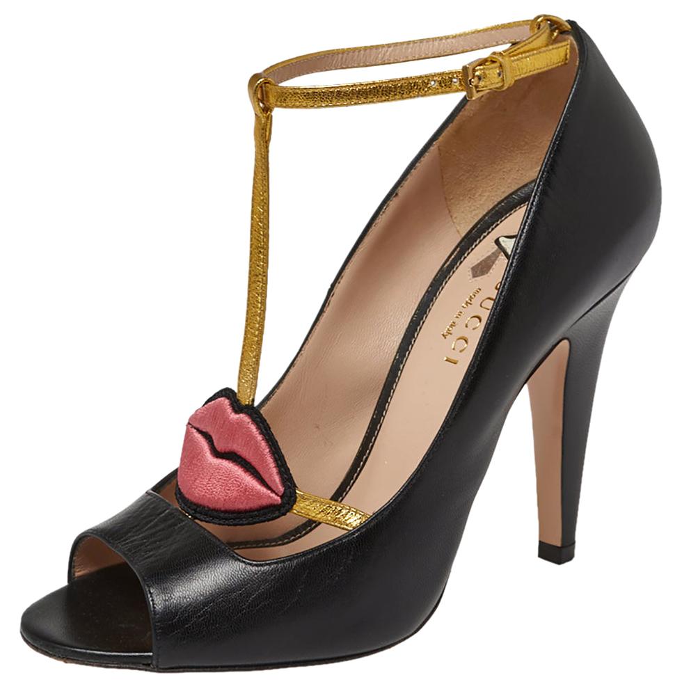 Gucci Black Leather Molina Lips Embroidered T Strap Sandals Size 36