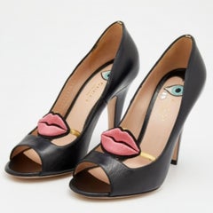 Gucci Black Leather Molina Lips Peep Toe Pumps Size 37.5