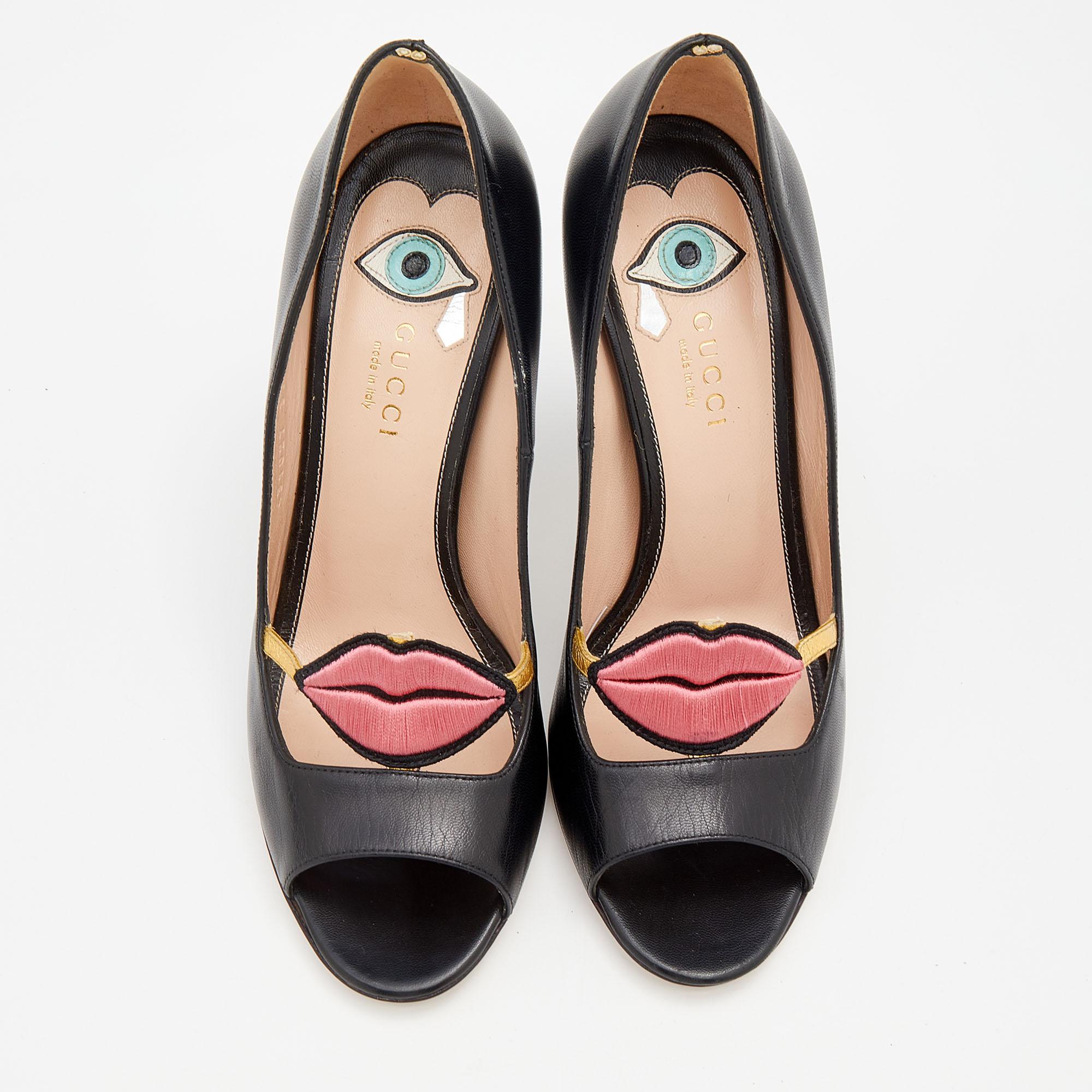 The playful and striking characteristics of this pair of Gucci pumps will make it a standout piece in your closet. Created from leather, it is made attractive with a lips motif on the front and an eye-like design on the insoles. The 11cm heels of