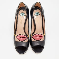 Gucci Black Leather Molina Lips Peep Toe Pumps Size 37.5