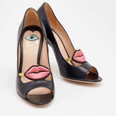 Gucci Black Leather Molina Lips Peep Toe Pumps Size 37.5