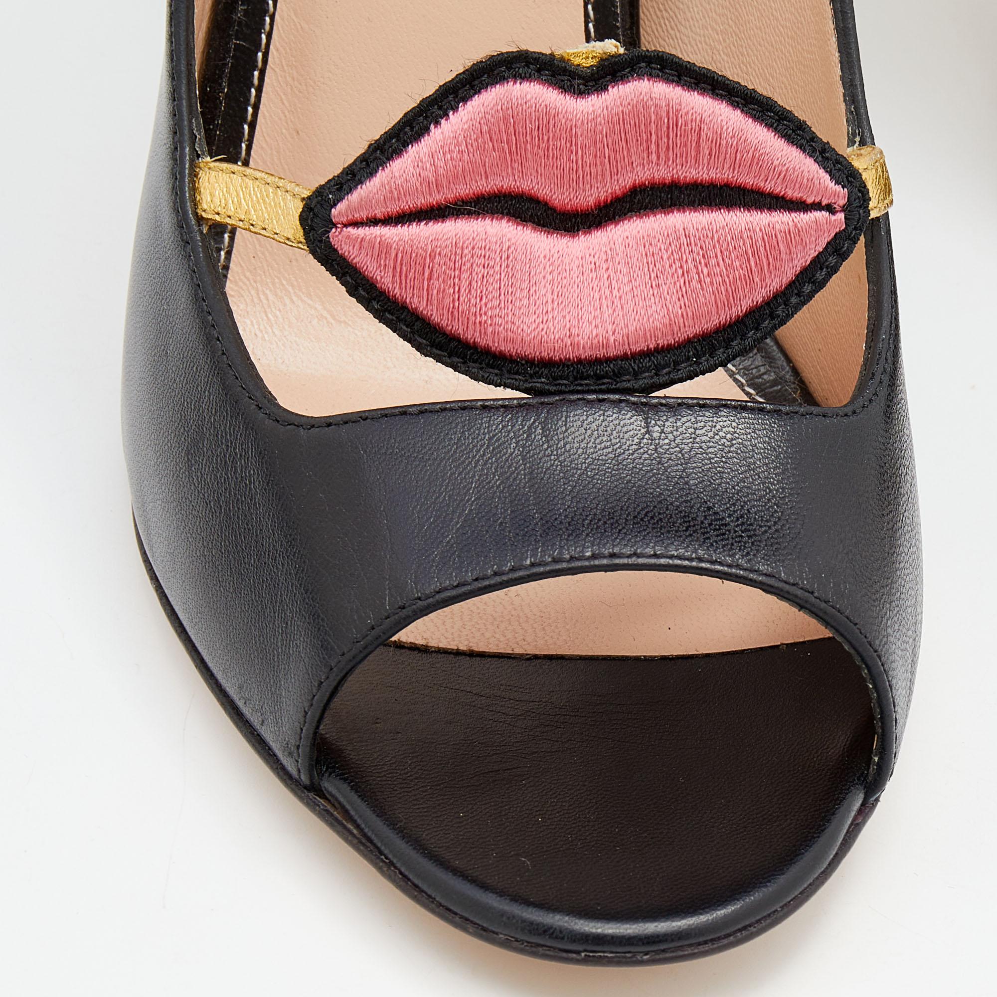 Gucci Black Leather Molina Lips Peep Toe Pumps Size 37.5 For Sale 2