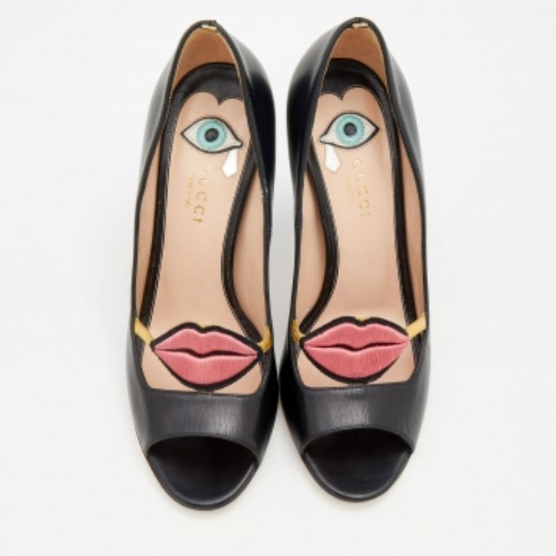 Gucci Black Leather Molina Lips Peep Toe Pumps Size 37.5 4