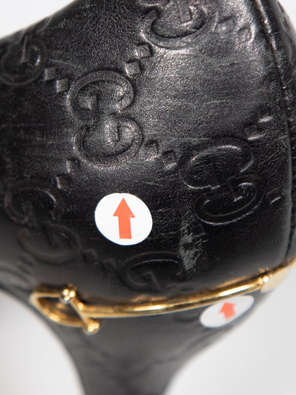 Gucci Black Leather Monogram Adina Horsebit Pumps Size IT 38.5 For Sale 6