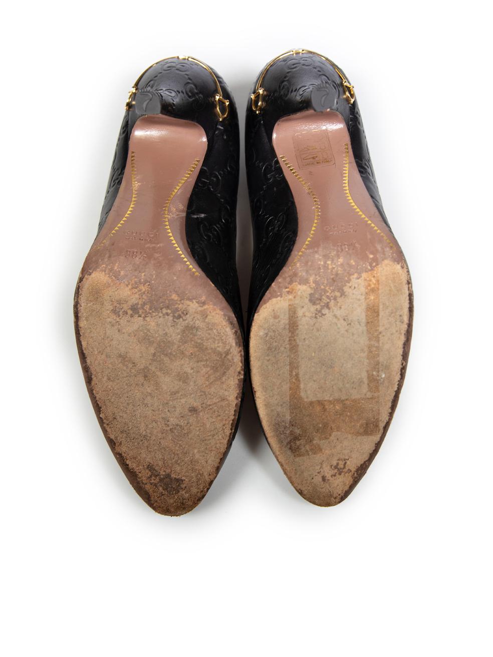 Women's Gucci Black Leather Monogram Adina Horsebit Pumps Size IT 38.5 For Sale