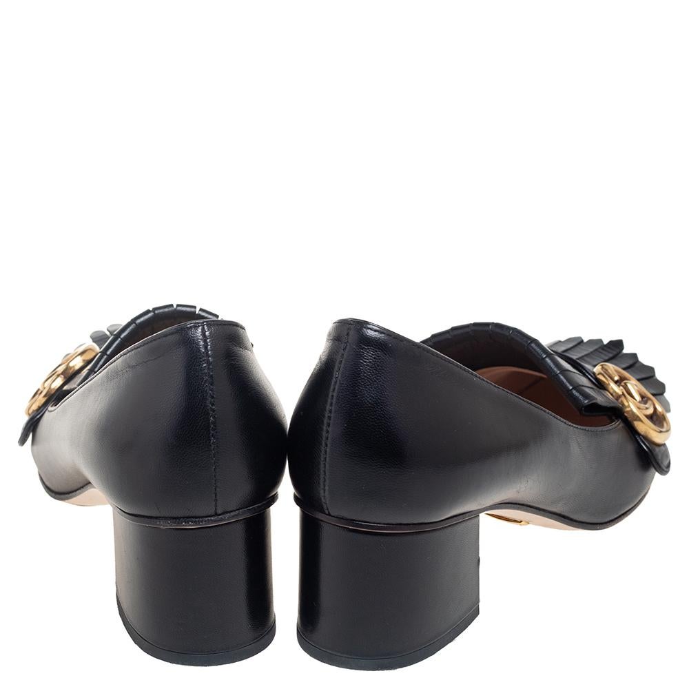 Women's Gucci Black Leather Monogram Fringe Detail Mid-Heel Pumps Size 38