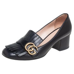 Gucci Black Leather Monogram Fringe Detail Mid-Heel Pumps Size 38