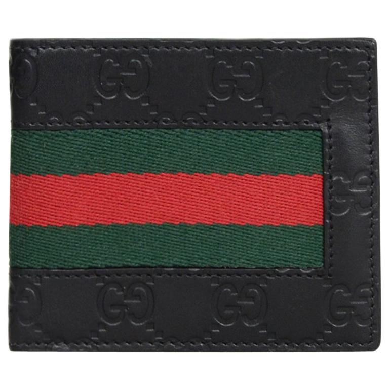 Gucci Black Leather Monogram Signature Web Bi-Fold Wallet
