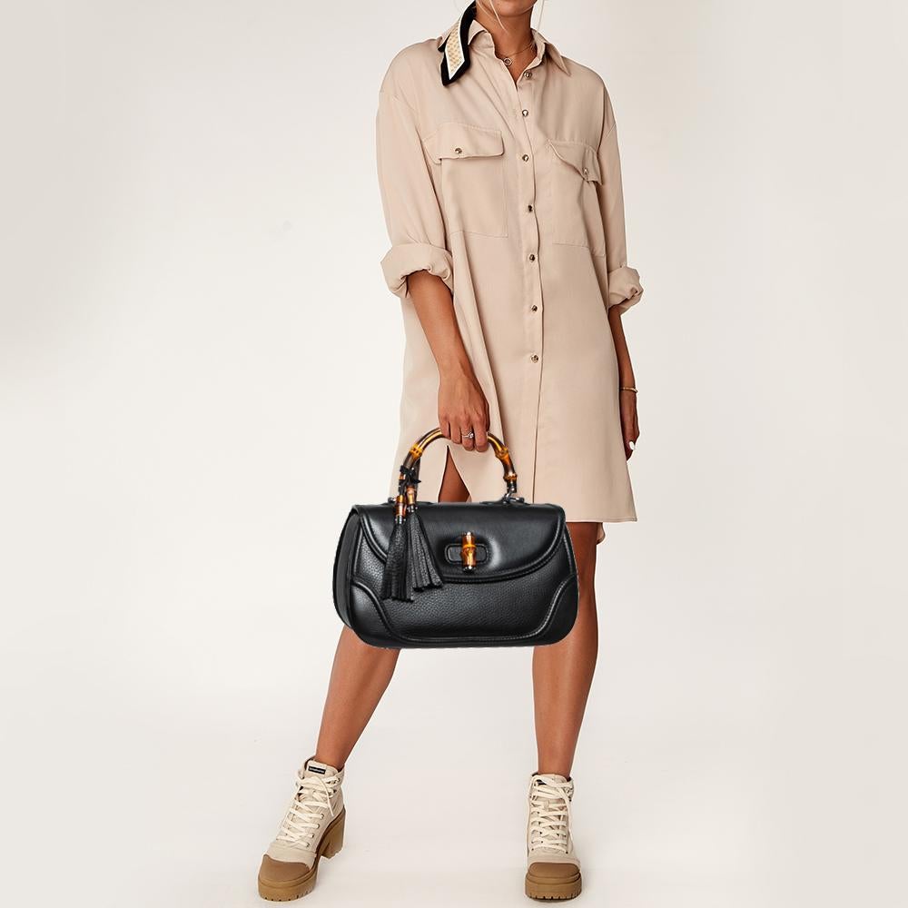 Gucci Black Leather New Bamboo Tassel Top Handle Bag In Good Condition In Dubai, Al Qouz 2