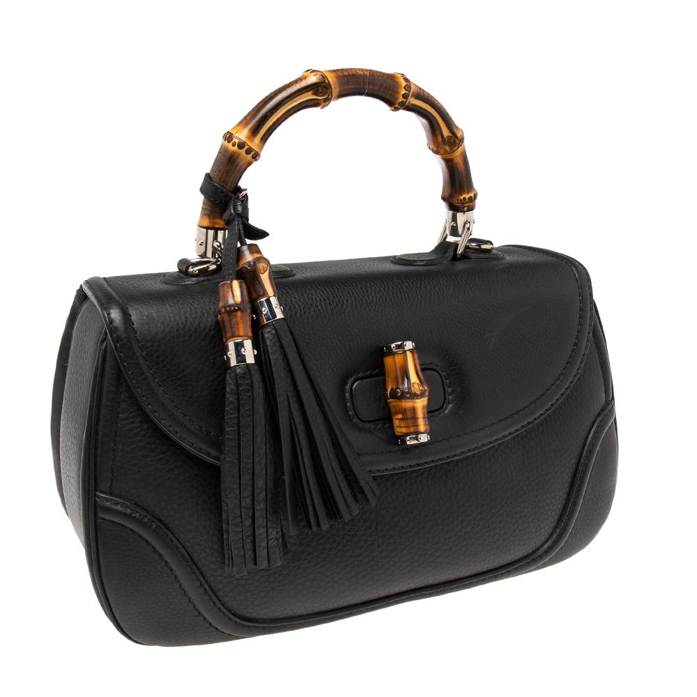 Women's Gucci Black Leather New Bamboo Tassel Top Handle Bag