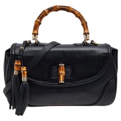 Gucci Black Leather New Bamboo Tassel Top Handle Bag