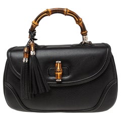 Gucci Black Leather New Bamboo Tassel Top Handle Bag